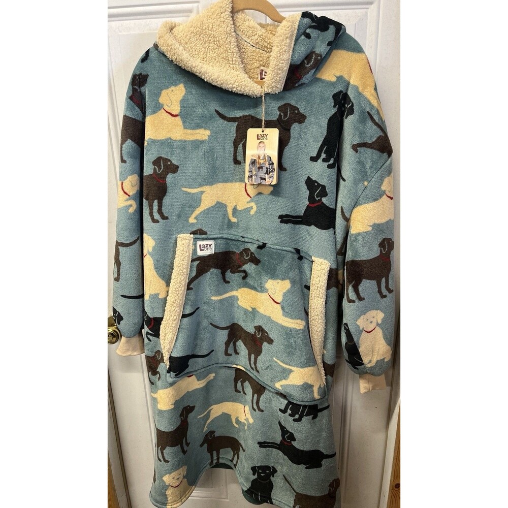 Lazy One Blanket Hoodie Pullover Fleece Lab Dog Design Teal One Size Large Plus